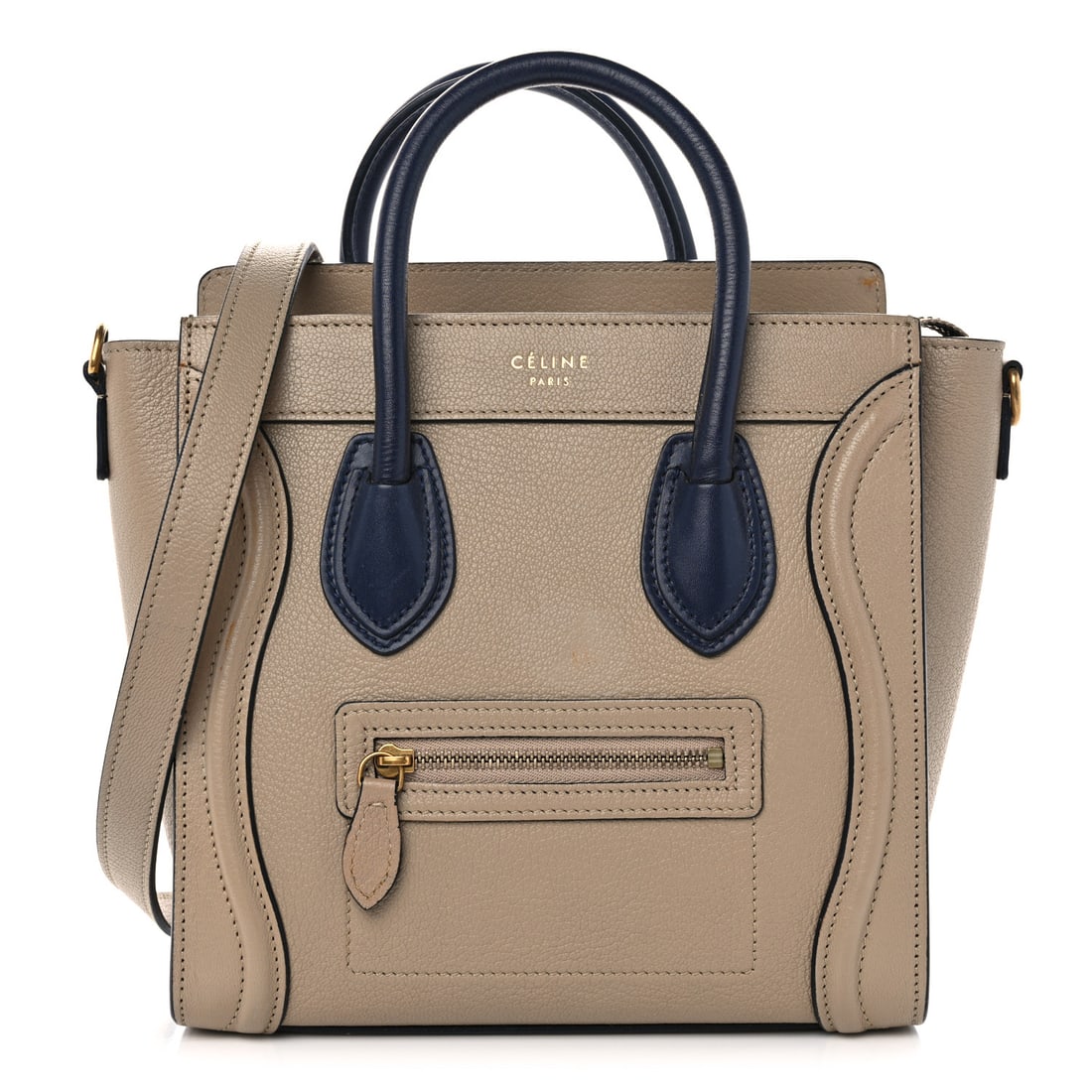 Celine Drummed Calfskin Bi-Color Nano Luggage Navy Dune: Celine Drummed Calfskin Bi-Color Nano Luggage Navy Dune Brand: CELINE Condition: Shows Wear Condition Details: Exterior: Corner wear, scuffs, edge wear, glue residue, marks, Handle: Scuffs, Interior: