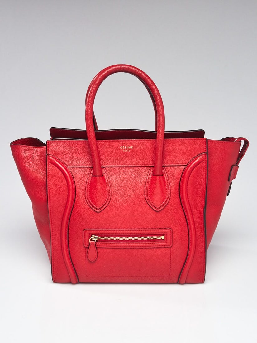Celine Red Drummed Calfskin Leather Mini Luggage Tote Bag: Celine Red Drummed Calfskin Leather Mini Luggage Tote Bag Overall Condition: Gently used;Exterior Condition: Gently used;Interior Condition: Gently used;Designer: Celine;Material: Red pebbled leather;
