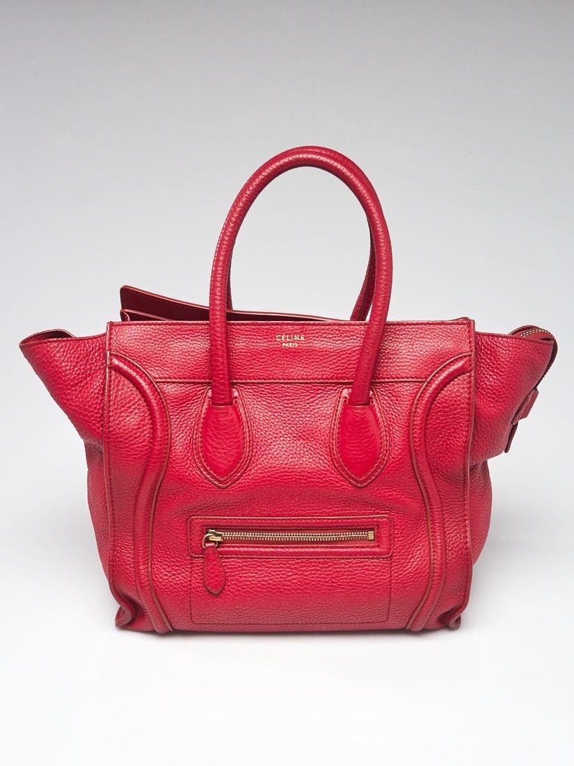 Celine Drummed Calfskin Leather Mini Luggage Tote Bag: Celine Drummed Calfskin Leather Mini Luggage Tote Bag Overall Condition: Gently used;Exterior Condition: Gently used;Interior Condition: Gently used;Designer: Celine;Material: Red Drummed leather;Incl