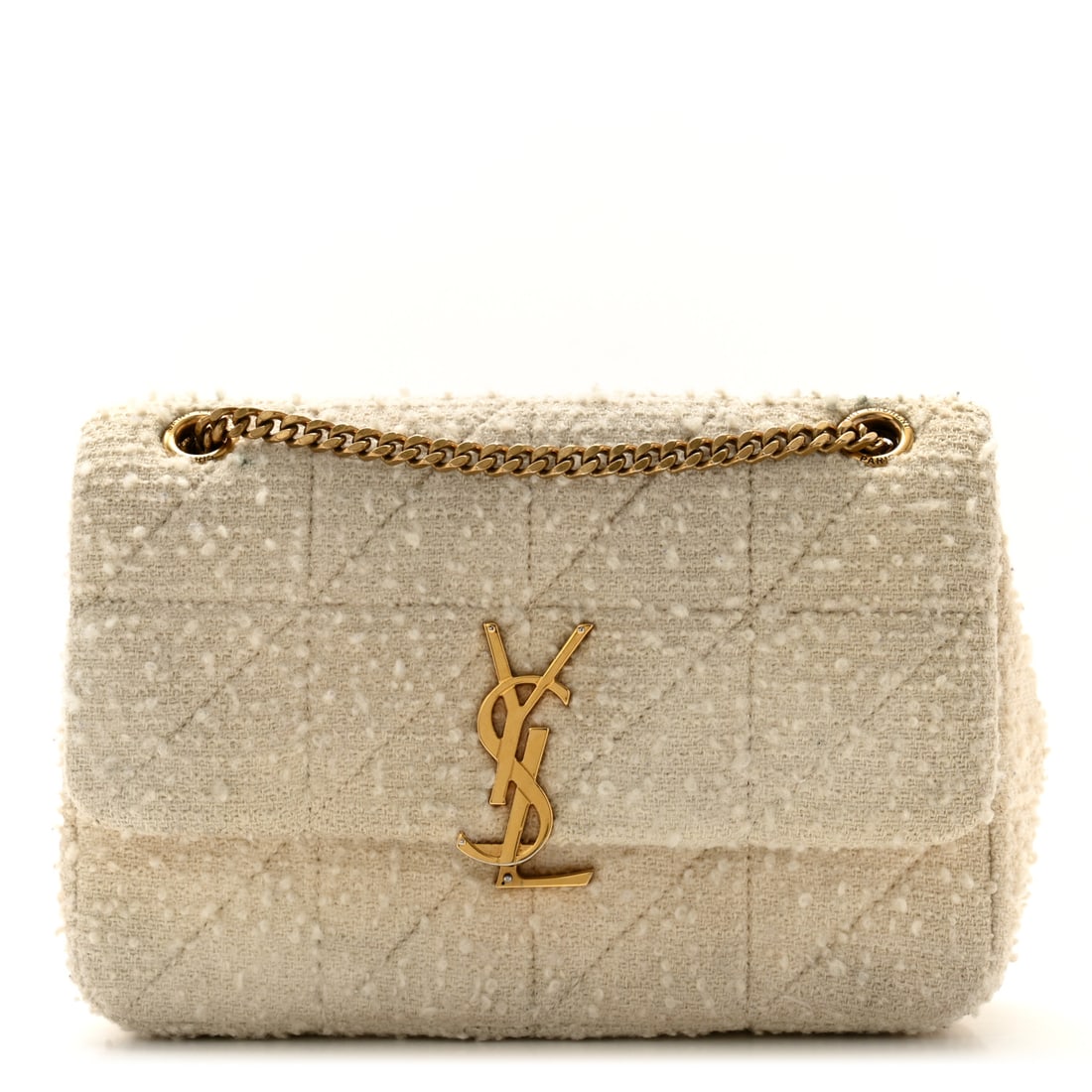 Saint Laurent Boucle Tweed Patchwork Monogram: Saint Laurent Boucle Tweed Patchwork Monogram Medium Jamie Baguette Craie Brand: SAINT LAURENT Condition: Flawed Condition Details: Interior: Residue marks, creases, scuffs, surface wear, marks, impri