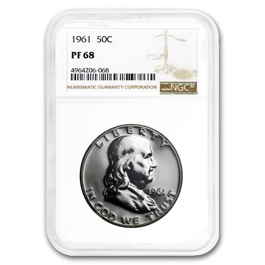 1961 Franklin Half Dollar PF-68 NGC: 1961 Franklin Half Dollar PF-68 NGC SKU no: RBJ185999 Year: 1961 Grade Service: NGC Denomination: $0.50 Metal Content: 0.3617 troy oz Purity: .900 Thickness: 2.15 mm Diameter: 30