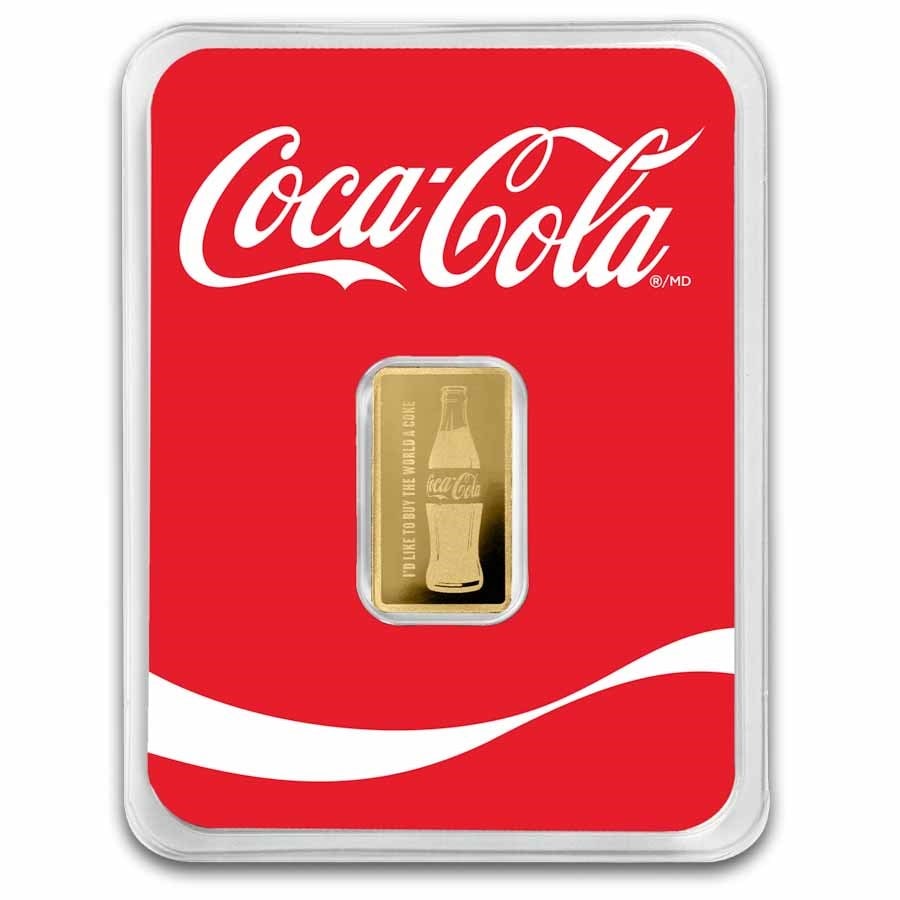 1/2 gram Gold Bar in TEP - Coca-Cola: 1/2 gram Gold Bar in TEP - Coca-Cola SKU no: RBJ296059 Grade: None Grade Service: None Mint Mark: N/A - Not Available Metal Content: 0.0161 troy oz Purity: .999 Thickness: 8.28 mm <br