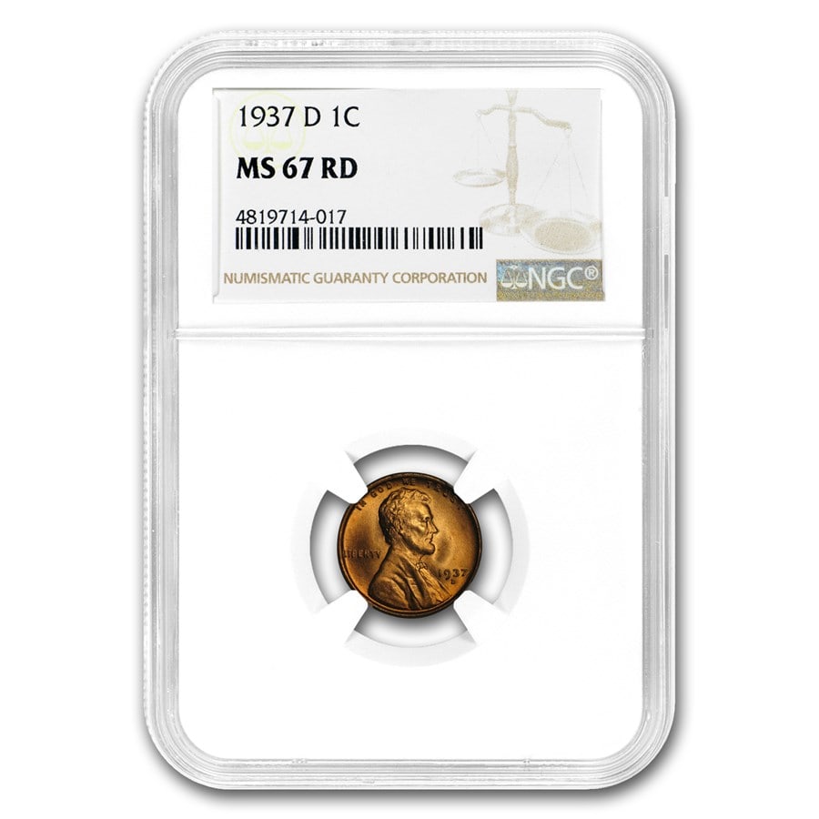 1937-D Lincoln Cent MS-67 NGC (Red): 1937-D Lincoln Cent MS-67 NGC (Red) SKU no: RBJ175153 Year: 1937 Grade Service: NGC Denomination: 1 Cent Metal Content: 0 troy oz Purity: N/A Thickness: 1.50 mm Diameter: 19 mm <
