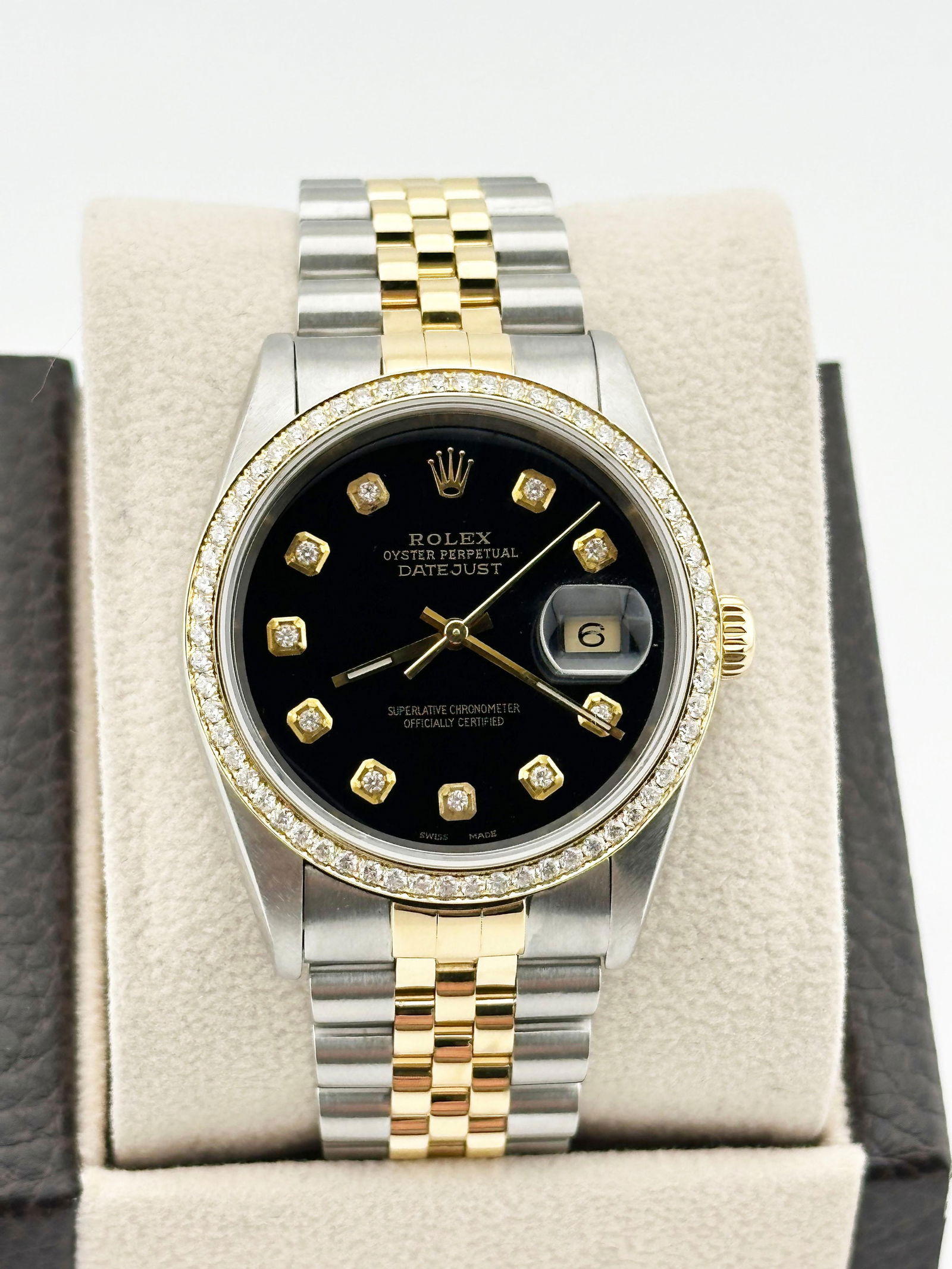 Rolex Datejust 16263 Black Diamond Dial: Rolex Datejust 16263 Black Diamond Dial and Bezel 18K Yellow Gold Stainless 36mm Brand: Rolex Case Dimensions: Diameter: 1.42 in (36 mm) Period: 2000-2009 Date of Manufacture: 2001 Condition: Excellen