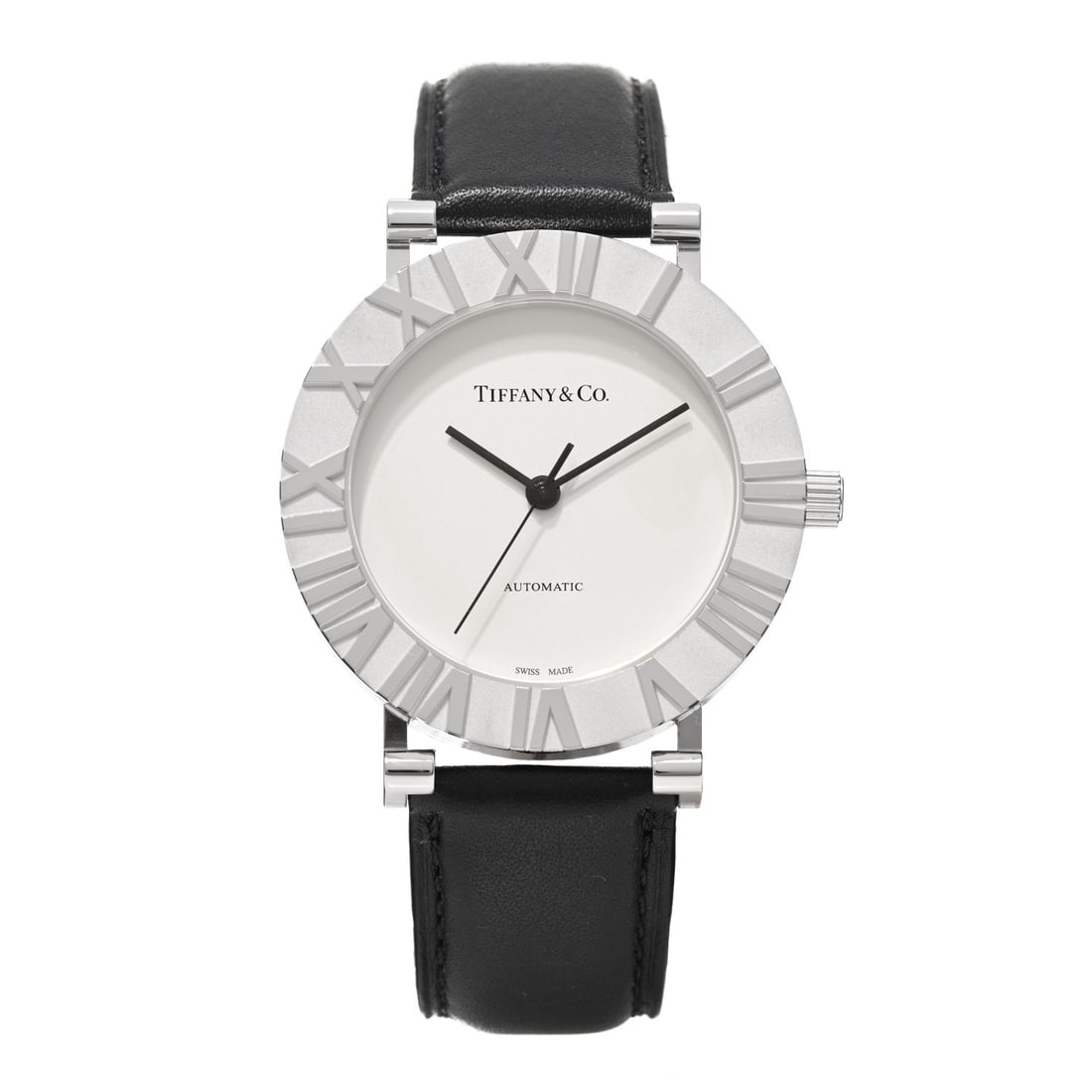 Tiffany Sterling Silver Calfskin 39mm Atlas: Tiffany Sterling Silver Calfskin 39mm Atlas Automatic Watch Brand: TIFFANY Condition: Excellent Condition Details: Hardware: Faint scratch(es) Circumference: 5.75 in to 0.00 in Case: 39 mm Band: 2