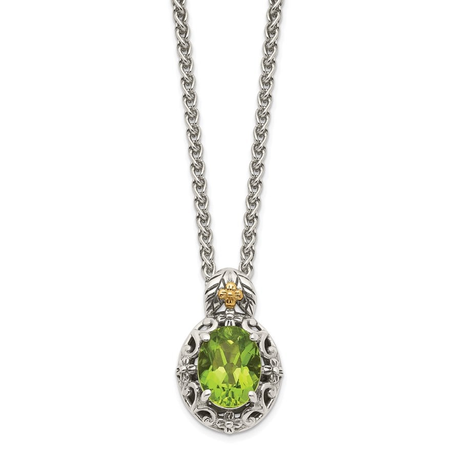 Sterling Silver w/ 14K Accent Peridot Pendant - 18 in.: Sterling Silver w/ 14K Accent Peridot Pendant - 18 in. SKU no: RBJ221343 Metal: Gold Purity: 14K Finish: Antiqued Length Of Item: 18 in Chain Length: 18 in Clasp/Connector: Lobster