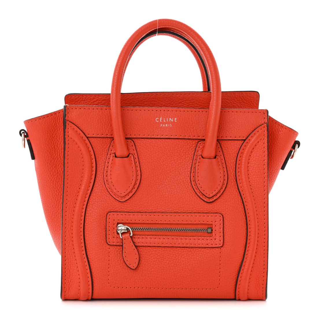 Celine Drummed Calfskin Nano Luggage Vermillion: Celine Drummed Calfskin Nano Luggage Vermillion Brand: CELINE Condition: Shows Wear Condition Details: Exterior: Edge wear, faint scuffs, surface wear, Interior: Scuffs, surface wear, Handle: Structur