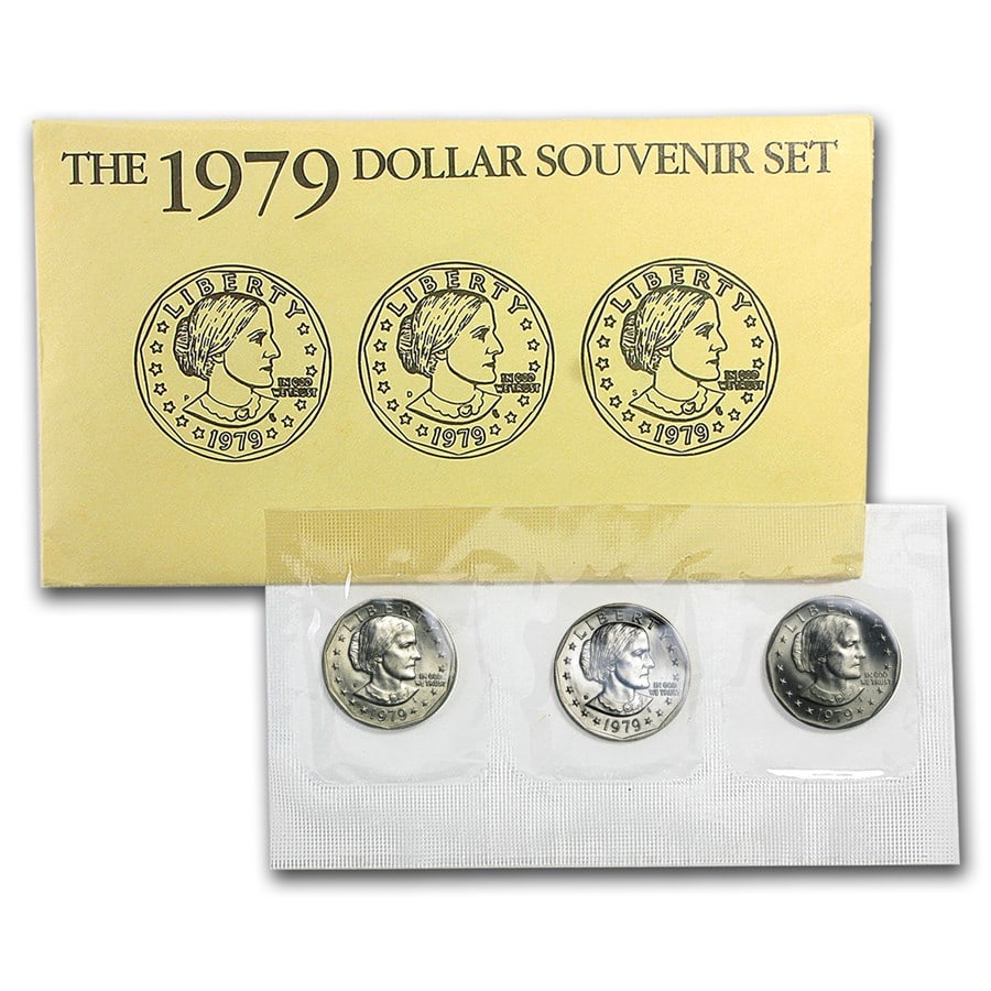 1979 3-Coin Souvenir Susan B. Anthony Dollar Set BU: 1979 3-Coin Souvenir Susan B. Anthony Dollar Set BU SKU no: RBJ14316 Year: 1979 Grade: Brilliant Unc Grade Service: None Denomination: Varies Mint Mark: Varies Metal Content: 0 troy oz