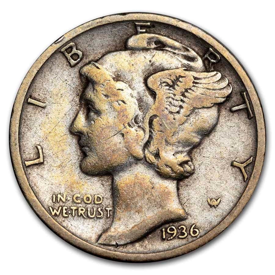 1936-S Mercury Dime Fine/VF: 1936-S Mercury Dime Fine/VF SKU no: RBJ12288 Year: 1936 Grade: Fine/Very Fine Grade Service: None Denomination: $0.10 Mint Mark: S - San Francisco Metal Content: 0.0715 troy oz P