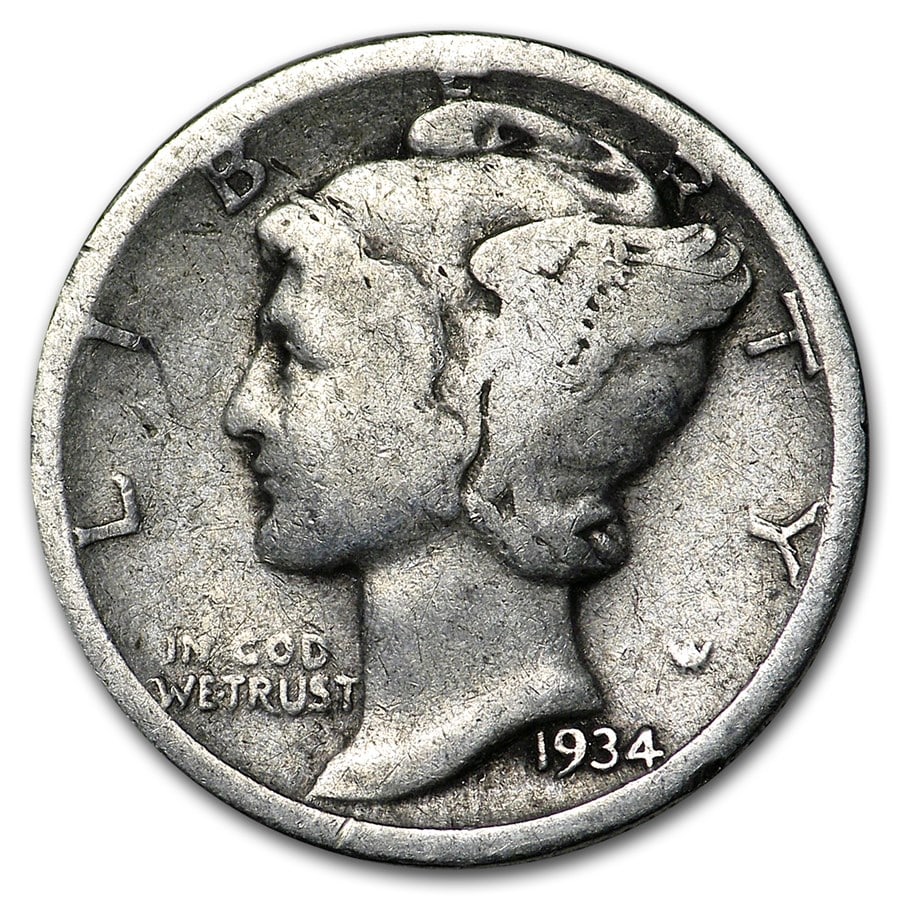 1934-D Mercury Dime Good/VF: 1934-D Mercury Dime Good/VF SKU no: RBJ170100 Year: 1934 Grade: Good or Better Grade Service: None Denomination: $0.10 Mint Mark: D - Denver Metal Content: 0.0715 troy oz Purity: