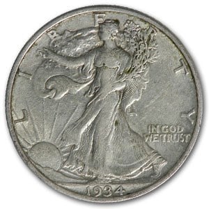 1934 Walking Liberty Half Dollar XF: 1934 Walking Liberty Half Dollar XF SKU no: RBJ10073 Year: 1934 Grade: Extra Fine Grade Service: None Denomination: $0.50 Mint Mark: P - Philadelphia (Not Shown) Metal Content: 0.3575 tro