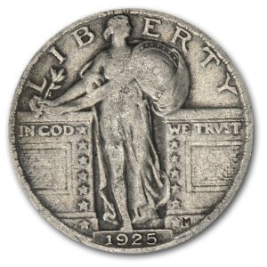 1925 Standing Liberty Quarter VF: 1925 Standing Liberty Quarter VF SKU no: RBJ5594 Year: 1925 Grade: Very Fine Grade Service: None Denomination: $0.25 Mint Mark: P - Philadelphia (Not Shown) Metal Content: 0.1788 troy oz