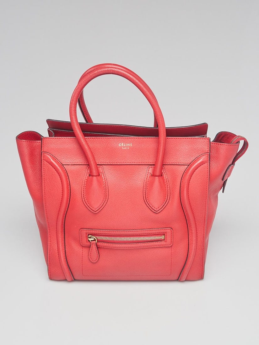 CELINE Red Drummed Calfskin Leather Mini: CELINE Red Drummed Calfskin Leather Mini Luggage Tote Bag Overall Condition: Gently used Exterior Condition: Gently used Interior Condition: Gently used Designer: Celine Material: Red drummed calfskin