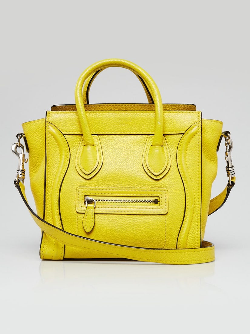 CELINE Yellow Drummed Leather Nano Luggage: CELINE Yellow Drummed Leather Nano Luggage Tote Bag Overall Condition: Gently used Exterior Condition: Gently used Interior Condition: Gently used Designer: Celine Material: Yellow pebbled leather