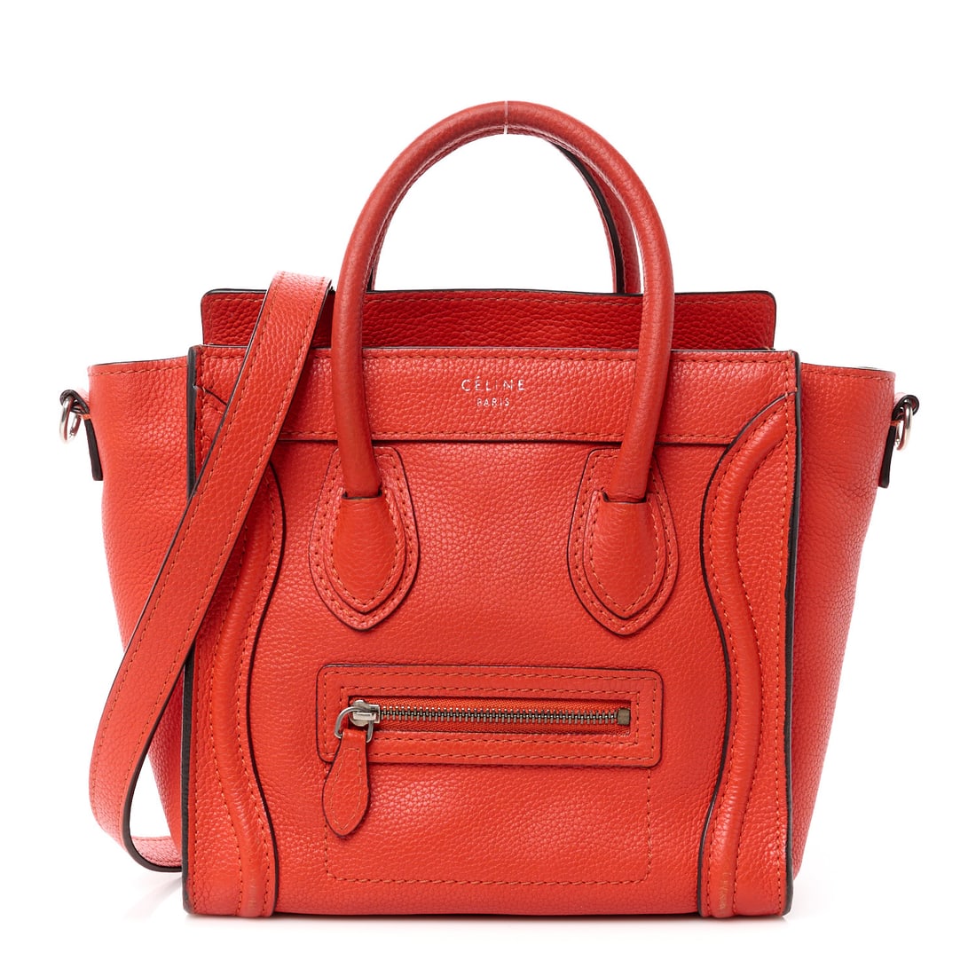 Celine Drummed Calfskin Nano Luggage Vermillion: Celine Drummed Calfskin Nano Luggage Vermillion Brand: CELINE Condition: Shows Wear Condition Details: Exterior: Corner wear, edge wear, wear at resin glazing, Handle: Wear at resin glazing, darkening