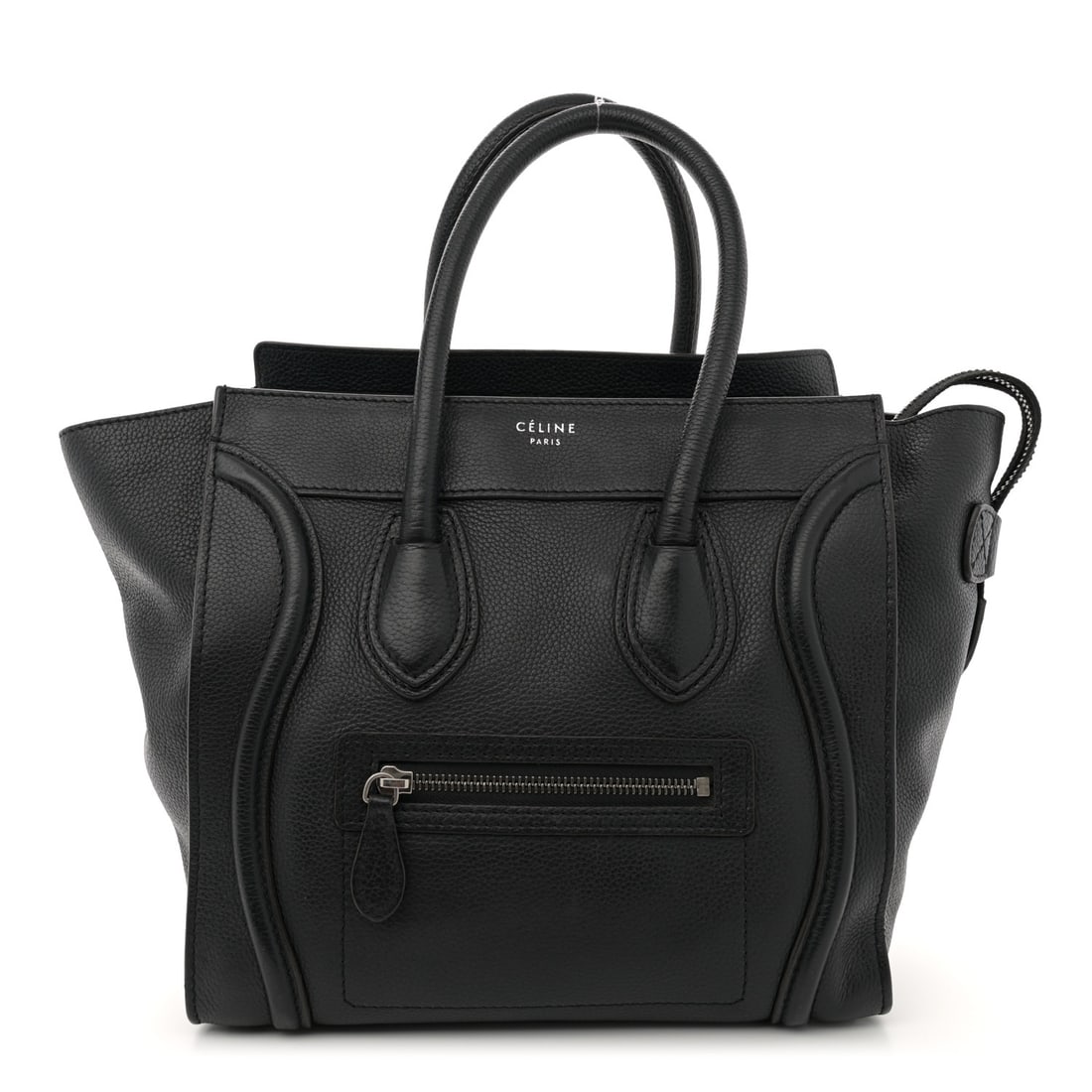 Celine Drummed Calfskin Micro Luggage Black: Celine Drummed Calfskin Micro Luggage Black Brand: CELINE Condition: Shows Wear Condition Details: Exterior: Warped or bent, creases, structure wear, edge wear, Interior: Scuffs, surface wear, Hardwar