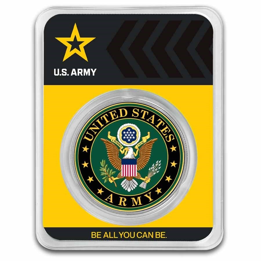 1 oz Silver Colorized Round - U.S. Army Seal (In TEP): 1 oz Silver Colorized Round - U.S. Army Seal (In TEP) SKU no: RBJ269179 Grade: None Grade Service: None Mint Mark: N/A - Not Available Metal Content: 1 troy oz Purity: .999 Thickness: 2.8