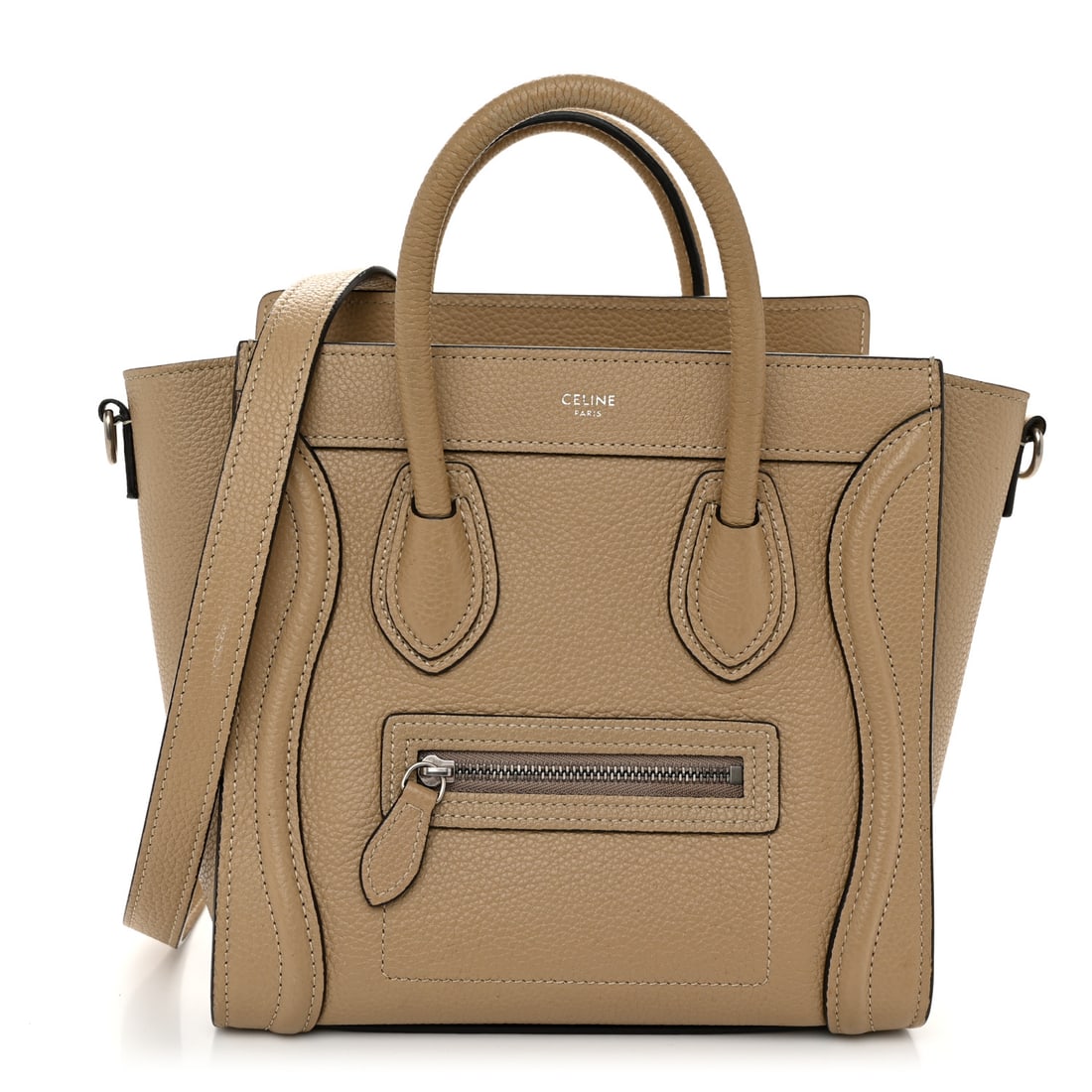 Celine Drummed Calfskin Nano Luggage Dune: Celine Drummed Calfskin Nano Luggage Dune Brand: CELINE Condition: Shows Wear Condition Details: Handle: Surface wear, scuffs, marks, Interior: Cigarette odor, surface wear, marks, Exterior: Marks, we