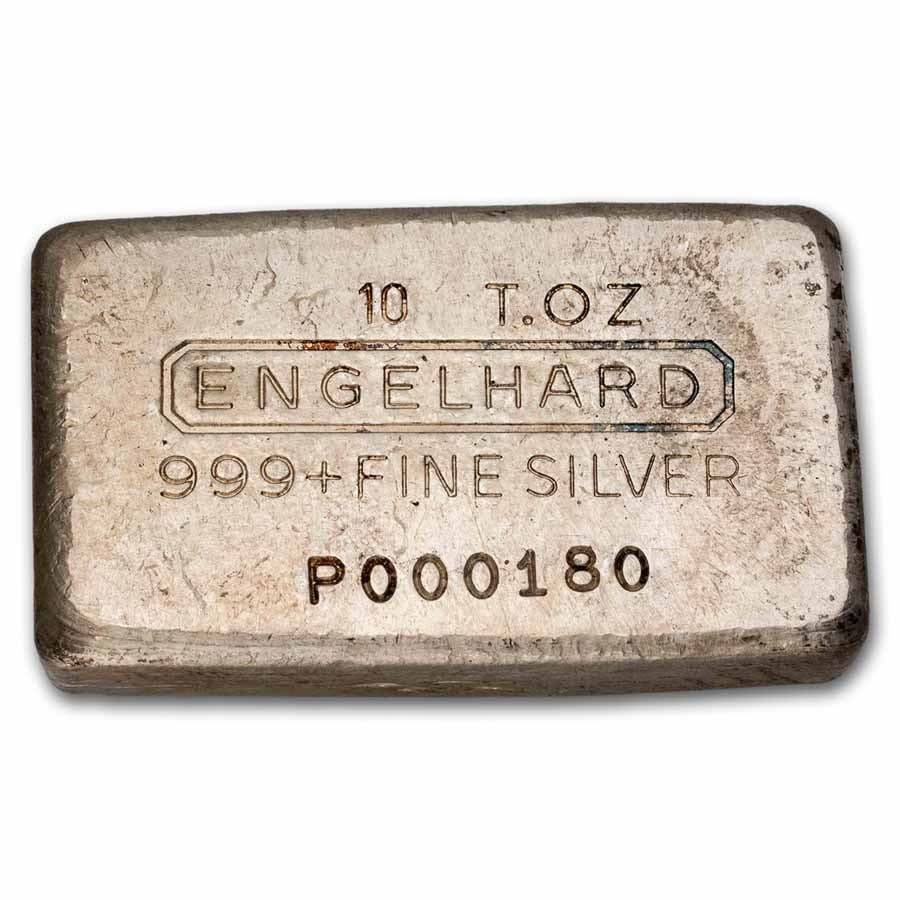 10 oz Silver Bar - Engelhard: 10 oz Silver Bar - Engelhard (6th Gen, "P" Prefix, P000180) SKU no: RBJ308798;Grade: None;Grade Service: None;Mint Mark: N/A - Not Available;Metal Content: 10 troy oz;Purity: .999;Diameter: N/A mm Gui