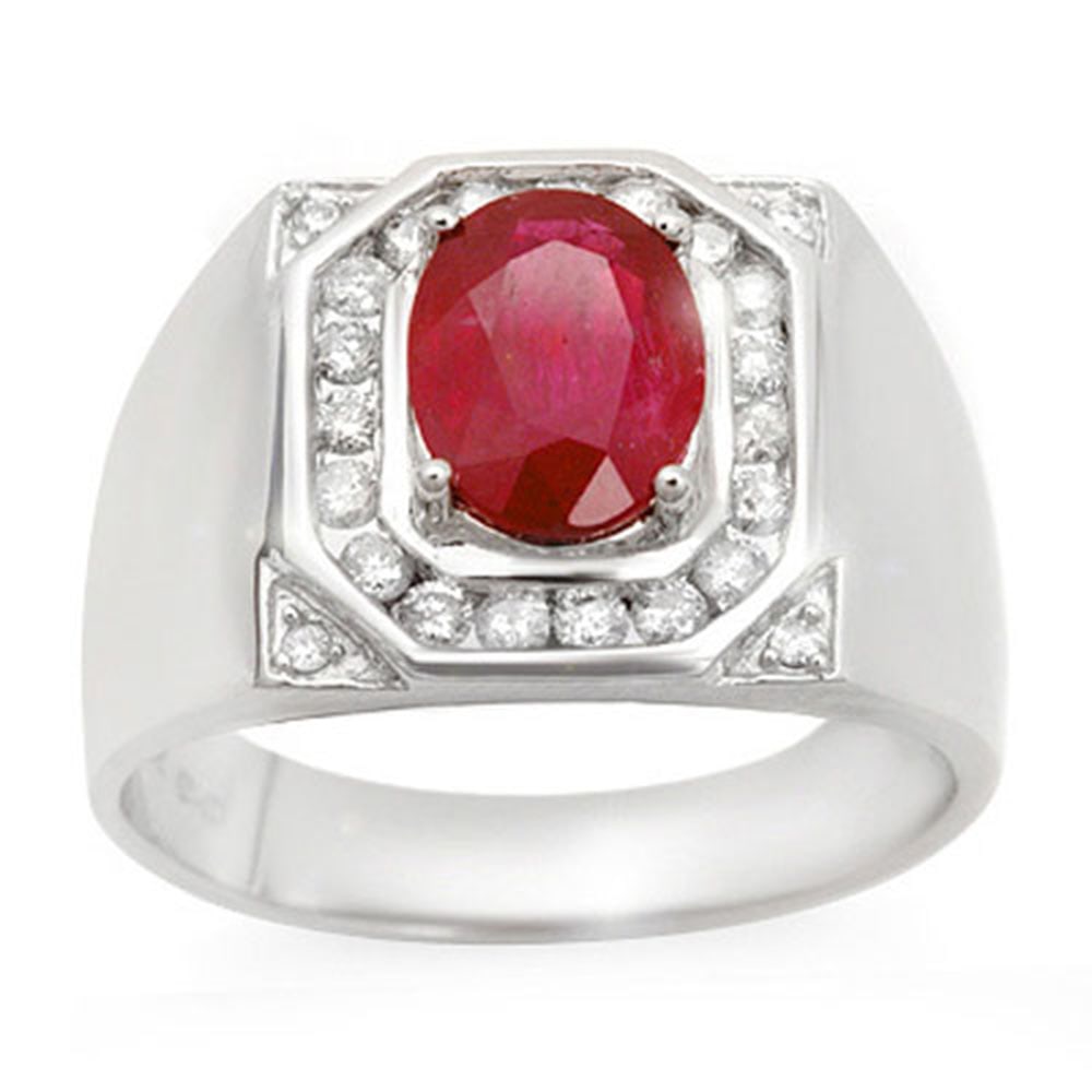 3.60 ctw Ruby & Diamond Men's Ring 14k White Gold: 3.60 ctw Ruby & Diamond Men's Ring 14k White Gold Item: Ruby Ring Total Gem weight: 3.6 carats Metal: Solid 14k White Gold Gold Product Weight: Approx. 10.6 grams Jewelry Note: Ring Size is 1