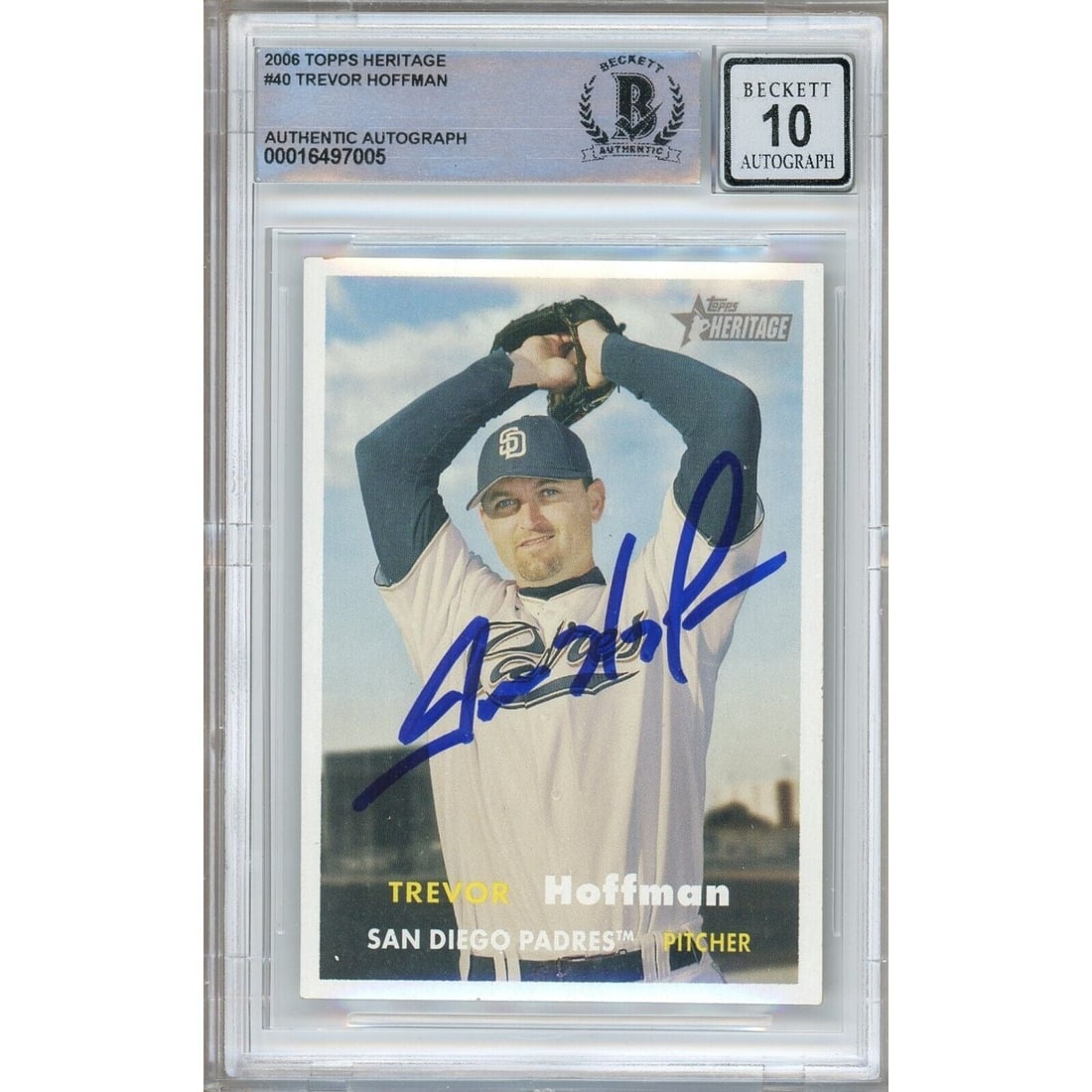 trevor hoffman san diego padres signed: trevor hoffman san diego padres signed 2006 topps heritage card BGS auto 10 graded Experience a piece of baseball history with this Trevor Hoffman autographed 2006 Topps Heritage card. The San Diego P
