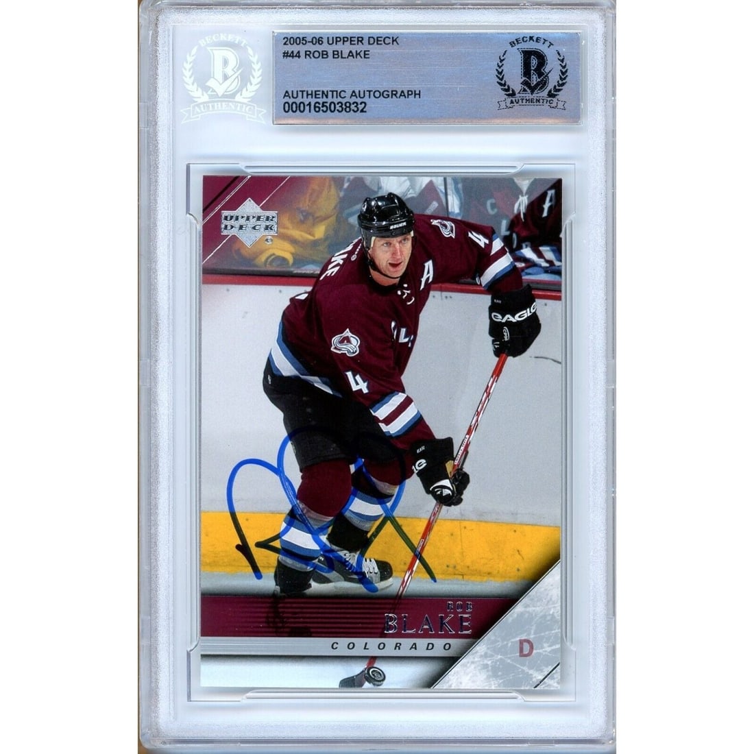 rob blake colorado avalanche signed 2005-06: rob blake colorado avalanche signed 2005-06 upper deck hockey card beckett auth auto This 2005-06 Upper Deck NHL hockey card featuring an authentic autograph from Rob Blake, a former NHL player for th