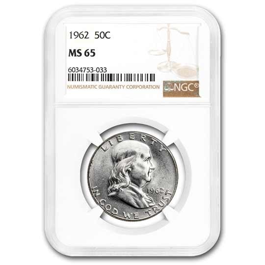 1962 Franklin Half Dollar MS-65 NGC: 1962 Franklin Half Dollar MS-65 NGC SKU no: RBJ15276 Year: 1962 Grade: MS-65 Grade Service: NGC Denomination: $0.50 Mint Mark: P - Philadelphia (Not Shown) Metal Content: 0.3617 troy oz <