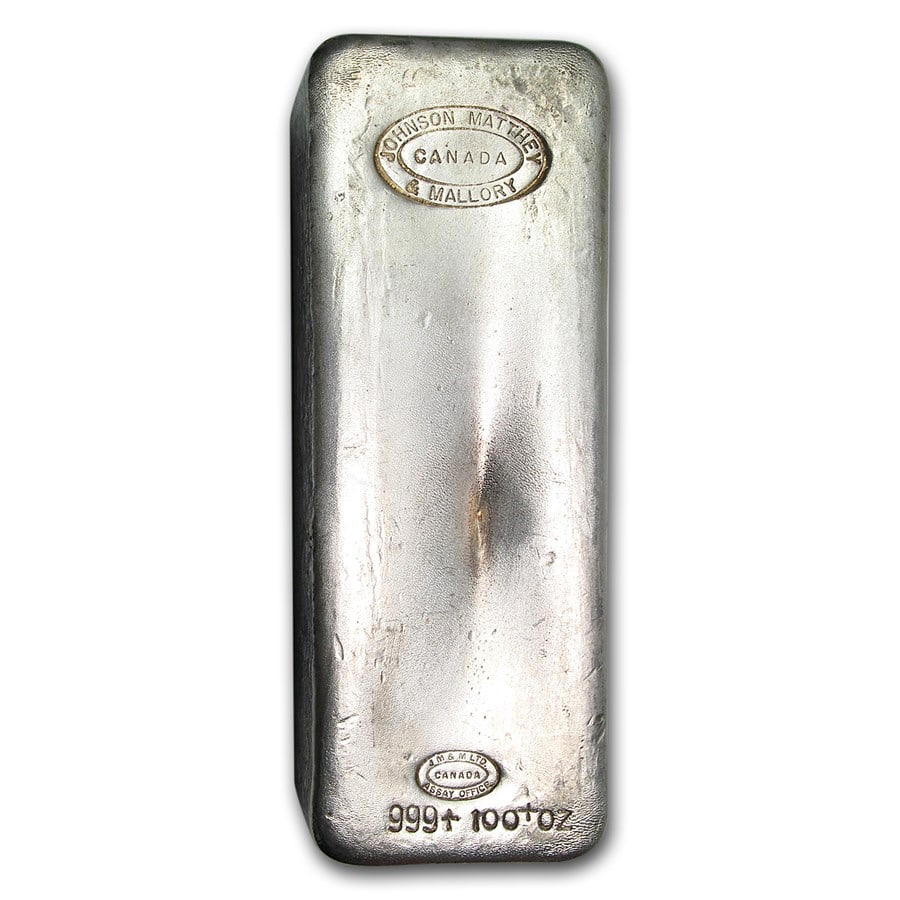 100 oz Silver Bar - Johnson: 100 oz Silver Bar - Johnson Matthey & Mallory (Poured) SKU no: RBJ80158;Year: N/A;Grade: None;Grade Service: None;Mint Mark: N/A - Not Available;Metal Content: 100 troy oz;Purity: .999;Thickness: Vari