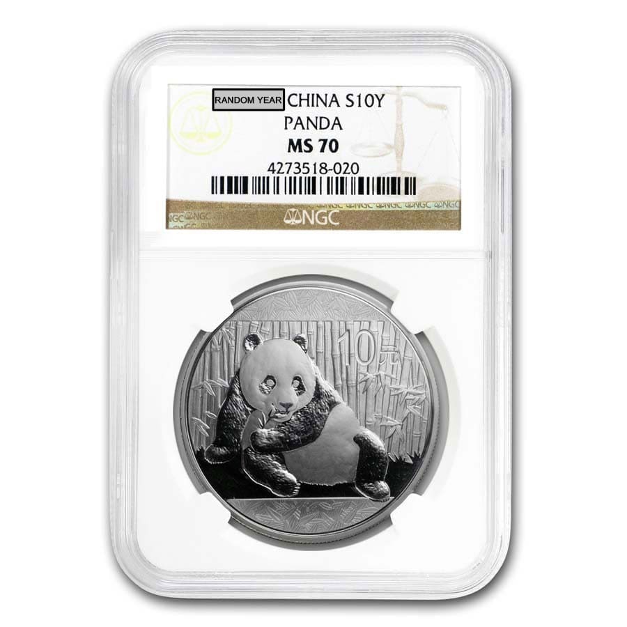 China 1 oz Silver Panda MS-70: China 1 oz Silver Panda MS-70 NGC (Random Year) SKU no: RBJ193795;Year: 1989 - 2015;Grade: MS-70;Grade Service: NGC;Denomination: 10 Yuan;Mint Mark: Not Shown;Metal Content: 1 troy oz;Purity: .999;Thi