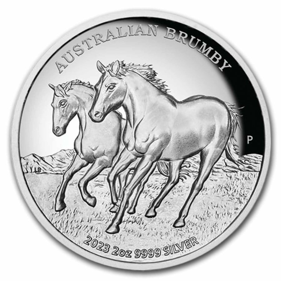 2023 Australia 2 oz Silver Australian: 2023 Australia 2 oz Silver Australian Brumby High Relief PF SKU no: RBJ285106;Year: 2023;Grade: Proof;Grade Service: None;Denomination: 2 Dollars;Mint Mark: P - Perth;Metal Content: 2 troy oz;Purity: 