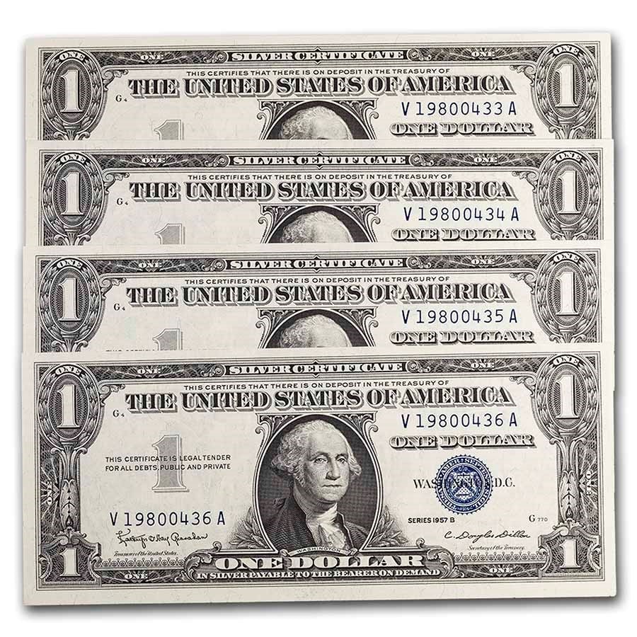 1957-B $1.00 Silver Certificate CU (Fr#1621): 1957-B $1.00 Silver Certificate CU (Fr#1621) 4 Consecutive SKU no: RBJ232245;Year: 1957;Grade: (U) Crisp Unc;Grade Service: None;Denomination: $1.00 Dollar;Mint Mark: N/A - Not Available;Metal Content