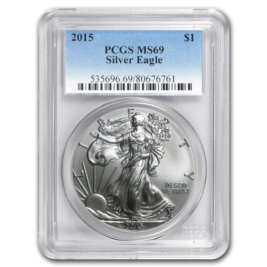 2015 American Silver Eagle MS-69 PCGS: 2015 American Silver Eagle MS-69 PCGS SKU no: RBJ97917;Year: 2015;Grade Service: PCGS;Denomination: 1 Dollar;Metal Content: 1 troy oz;Purity: .999;Thickness: 2.98 mm;Diameter: 40.6 mm Guidelines for B