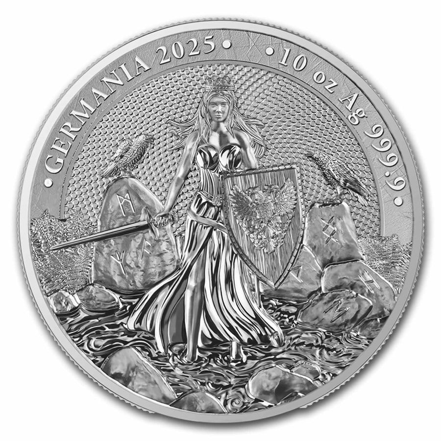 2025 Germania 10 oz Silver Round: 2025 Germania 10 oz Silver Round BU SKU no: RBJ310652;Year: 2025;Grade: None;Grade Service: None;Mint Mark: N/A - Not Available;Metal Content: 10 troy oz;Purity: .9999;Diameter: 70.00 mm Guidelines fo