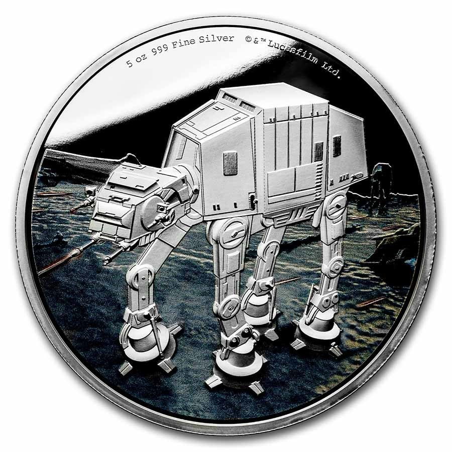 2022 Niue 5 oz Silver Star: 2022 Niue 5 oz Silver Star Wars AT-AT Walker (Box & COA) SKU no: RBJ248783;Year: 2022;Grade: Proof;Grade Service: None;Denomination: 2 Dollars;Mint Mark: Not Shown;Metal Content: 5 troy oz;Purity: .99