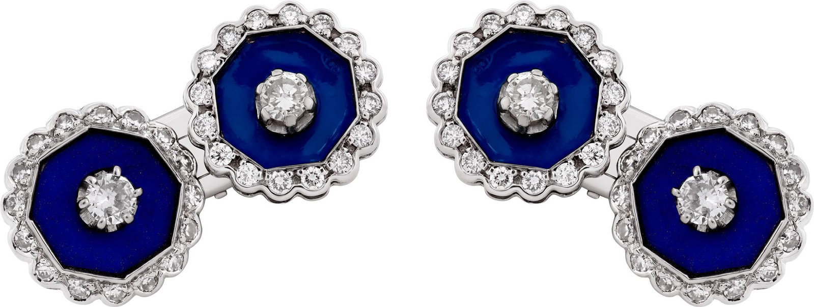 VIntage blue enamel & diamonds Cufflinks: VIntage blue enamel & diamonds Cufflinks 18k white gold. Diamonds approx. 2.00. Brand: Estate Jewelry Gender: Unisex Metal(s) / Material(s): 18k Yellow Gold Item Weight: 6.60 pwt Stones: white Diamond