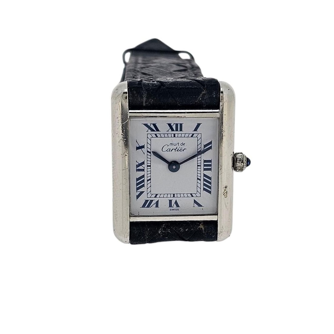 Cartier Paris Must Sterling Silver Ladies: Cartier Paris Must Sterling Silver Ladies Tank Watch Quartz , Circa 1990s Brand: Cartier Case Material: Silver Strap Material: Leather Case Shape: Rectangle Movement: Quartz Case Dimensions: Heigh