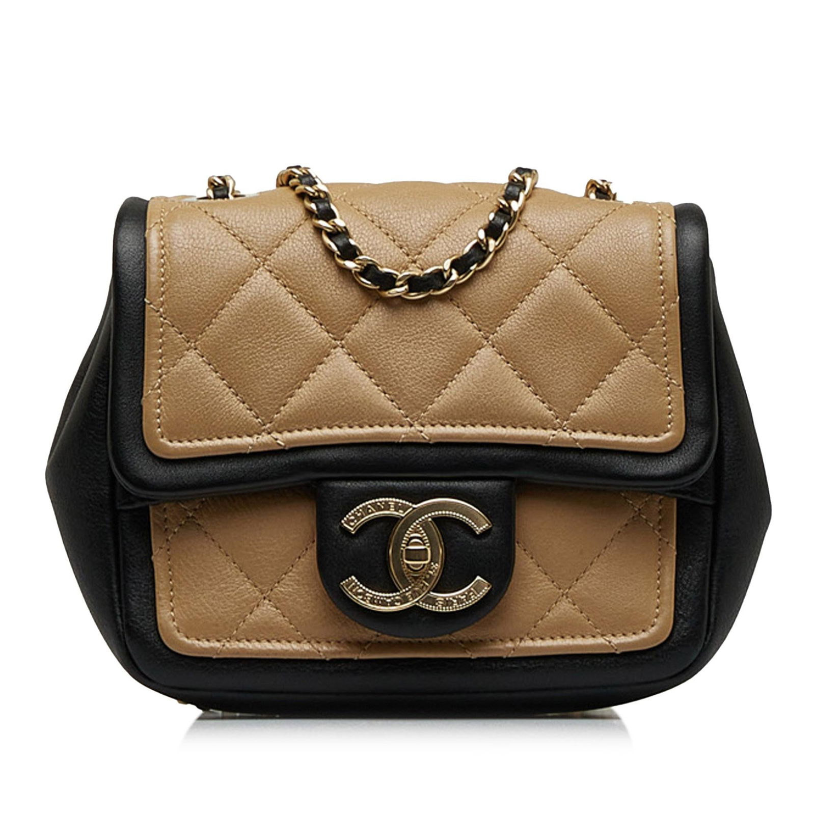 Chanel Mini Square Calfskin Graphic Flap: Chanel Mini Square Calfskin Graphic Flap Crossbody Bag Condition Quality: Exterior Back Discolored, Out Of Shape, Scratched. Exterior Back stained with Other. Exterior Bottom Out Of Shape. Lock Scratc