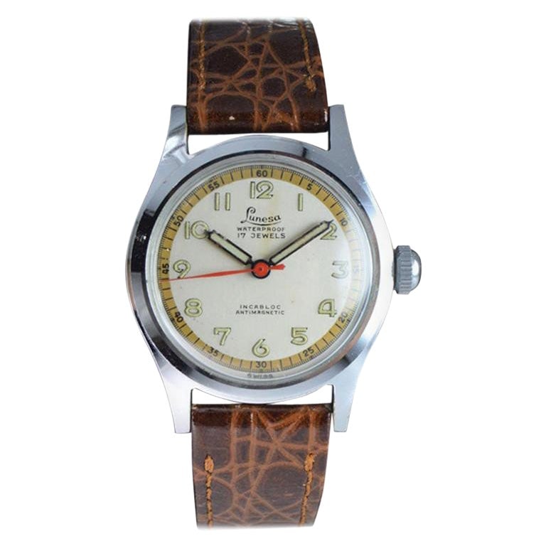 Lunesa Swiss Made New Old Stock: Lunesa Swiss Made New Old Stock Wristwatch, circa 1950s Brand: Lunesa Style: Art Deco Place of Origin: Switzerland Period: 1950-1959 Date of Manufacture: 1950s Condition: Excellent Repaired. Wear