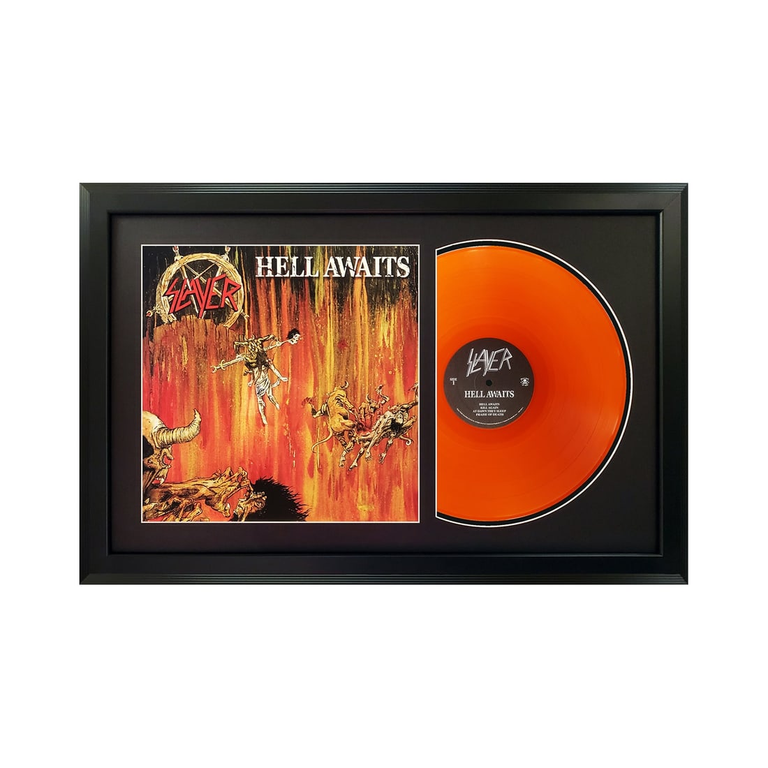 slayer hell awaits genuine vinyl record: slayer hell awaits genuine vinyl record & cover professionally framed 17.5? x 26.5? wall display with a black mat This genuine and unique album and cover wall display is professionally and beautifully