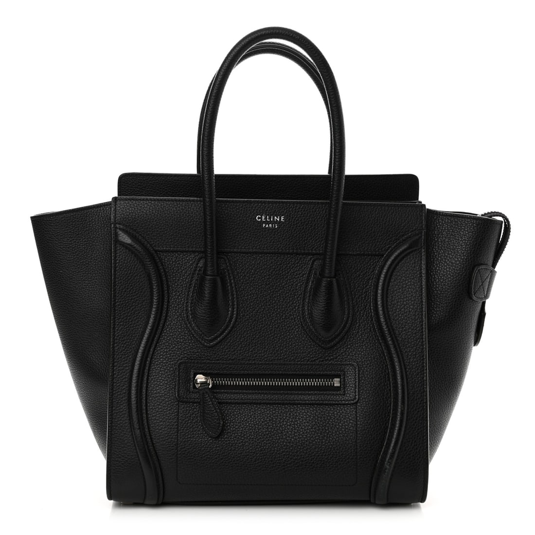 Celine Drummed Calfskin Micro Luggage Black: Celine Drummed Calfskin Micro Luggage Black Brand: CELINE Condition: Shows Wear Condition Details: Exterior: Corner wear, scuffs, edge wear, marks, Handle: Scuffs, cracks, Interior: Scuffs, marks, sta