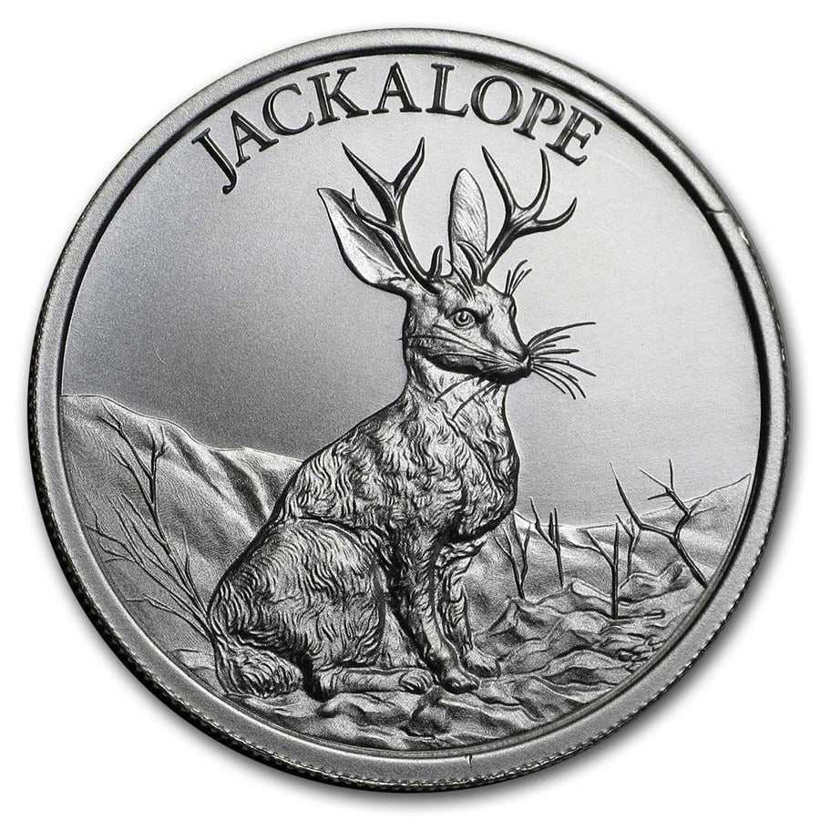 2 oz Silver High Relief Round: 2 oz Silver High Relief Round - Jackalope SKU no: RBJ177663;Grade: None;Grade Service: None;Mint Mark: N/A - Not Available;Metal Content: 2 troy oz;Purity: .999;Thickness: 6 mm;Diameter: 39 mm Guideli