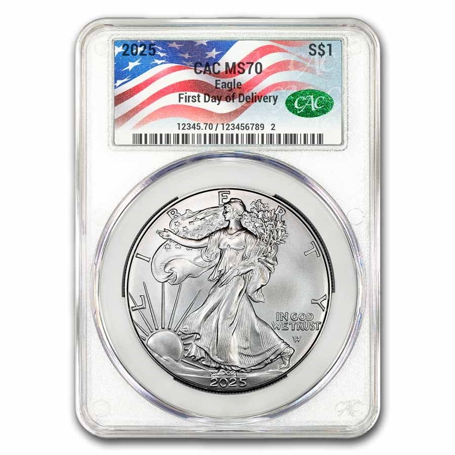 2025 American Silver Eagle MS-70 CAC: 2025 American Silver Eagle MS-70 CAC (First Day of Delivery,Flag) SKU no: RBJ309958;Year: 2025;Grade: MS-70;Grade Service: CAC;Denomination: 1 Dollar;Mint Mark: Not Shown;Metal Content: 1 troy oz;Puri