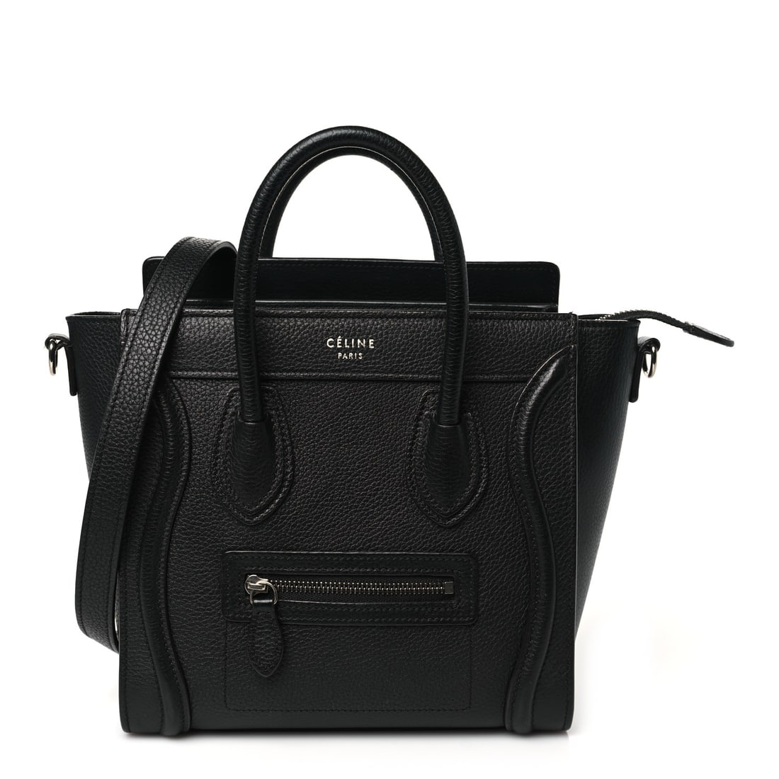 Celine Drummed Calfskin Nano Luggage Black: Celine Drummed Calfskin Nano Luggage Black Brand: CELINE Condition: Shows Wear Condition Details: Handle: Surface wear, Hardware: Scratch(es), Interior: Surface wear, cosmetics scent, , Dust bag, Stra