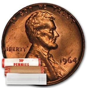 1964 Lincoln Cent 50-Coin Roll BU: 1964 Lincoln Cent 50-Coin Roll BU SKU no: RBJ9313 Year: 1964 Grade: Brilliant Unc Grade Service: None Denomination: 1 Cent Mint Mark: P - Philadelphia (Not Shown) Metal Content: 0 troy oz