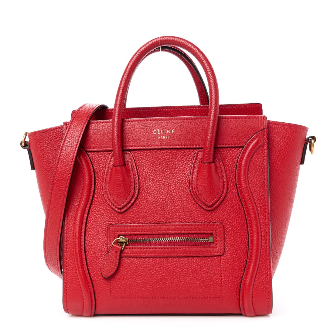 Celine Drummed Calfskin Nano Luggage Red: Celine Drummed Calfskin Nano Luggage Red Brand: CELINE Condition: Shows Wear Condition Details: Handle: Creases, Interior: Scuffs, Hardware: Plating wear, faint scratch(es), Exterior: Faint corner wea