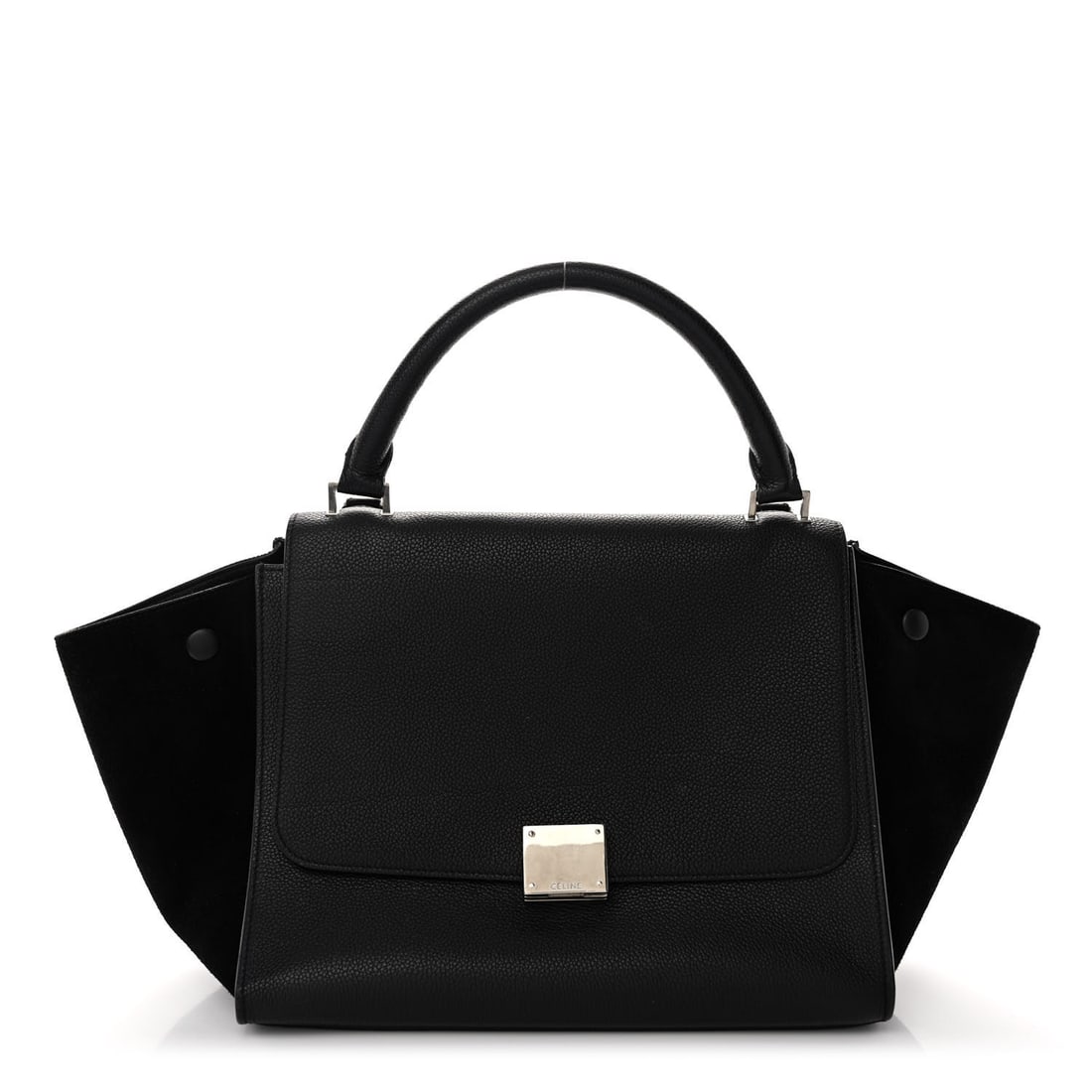 Celine Drummed Calfskin Suede Small Trapeze: Celine Drummed Calfskin Suede Small Trapeze Black SKU no: RBJ1406024 Condition: Excellent Condition Details: Exterior: Corner wear, creases, scuffs, structure wear, cracks, wear at resin glazing, Hand