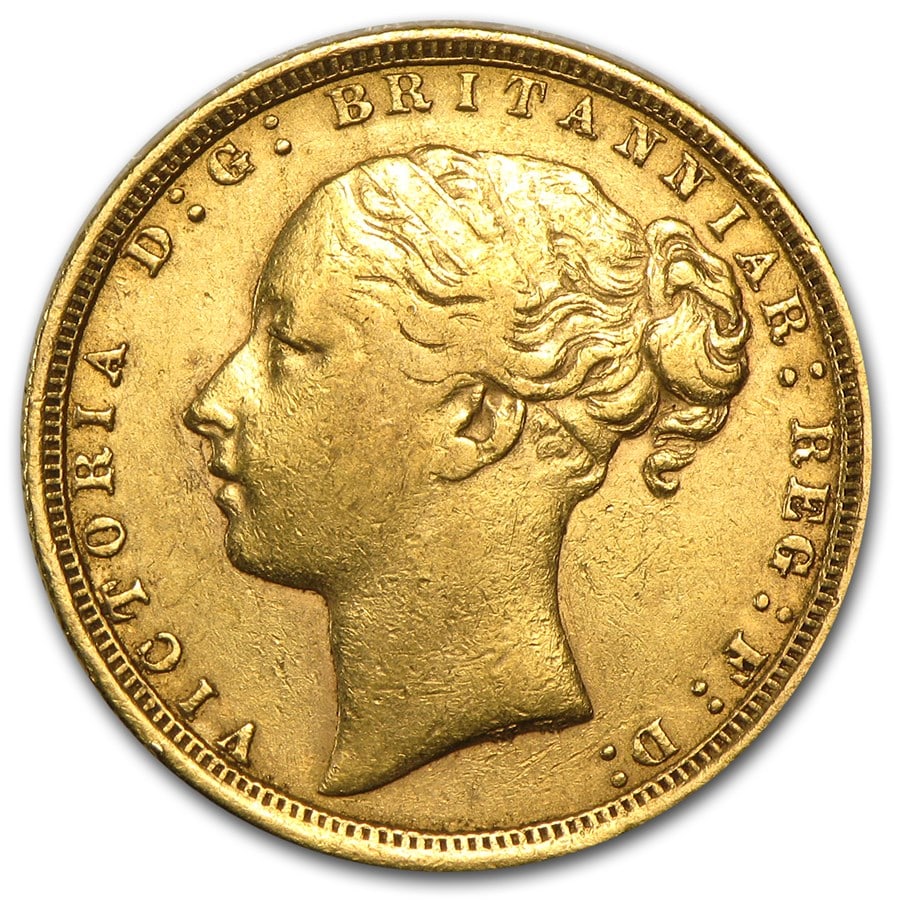 1871-1887 Great Britain Gold Sovereign Young: 1871-1887 Great Britain Gold Sovereign Young Victoria Avg Circ SKU no: RBJ49475;Year: Random;Grade: Average Circulated;Grade Service: None;Denomination: 1 Sovereign;Mint Mark: Not Shown;Metal Content: