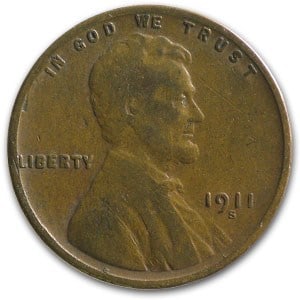 1911-S Lincoln Cent VG: 1911-S Lincoln Cent VG SKU no: RBJ16122;Year: 1911;Grade: Very Good;Grade Service: None;Denomination: $0.01;Mint Mark: S - San Francisco;Metal Content: 0 troy oz;Purity: N/A;Thickness: 1.50 mm;Diamete