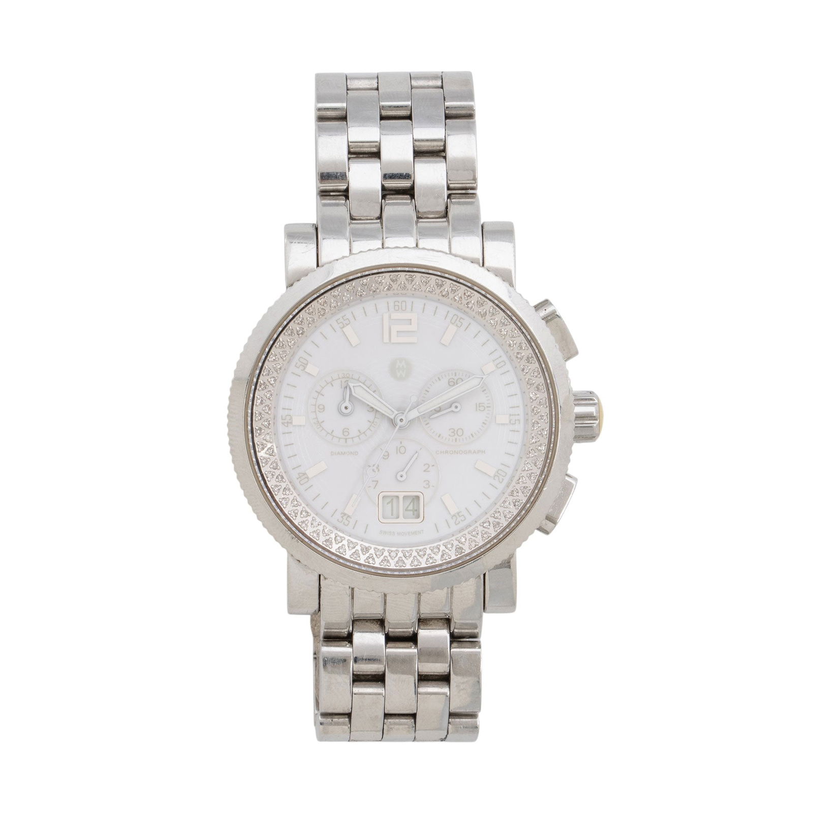 Michele Stainless Steel Diamond Sport Sail: Michele Stainless Steel Diamond Sport Sail Blanc Chronograph Watch Condition Quality: Moderate surface scratches throughout. Case Dimensions: 38mm x 38mm Band Width: .75" Band Diameter: 2.25" Dial: Wh