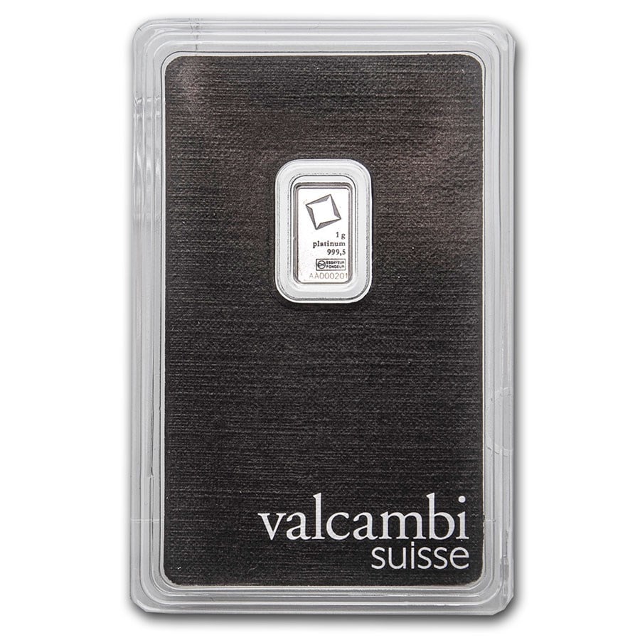 1 gram Platinum Bar - Valcambi: 1 gram Platinum Bar - Valcambi (In Assay) SKU no: RBJ209222;Year: N/A;Grade: None;Grade Service: Assay Card;Denomination: 1 gram;Mint Mark: None;Metal Content: 0.0322 troy oz;Purity: .9995;Thickness: 